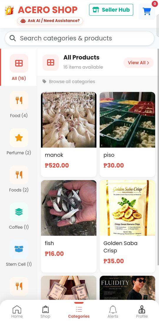 Categories page listing products by category