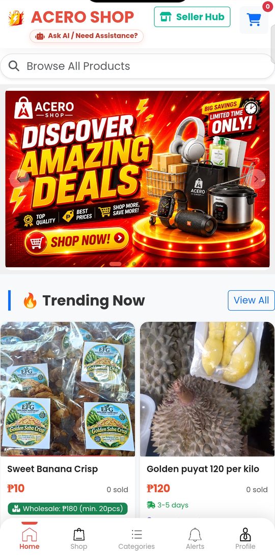 ACERO SHOP home with deals banner and trending products