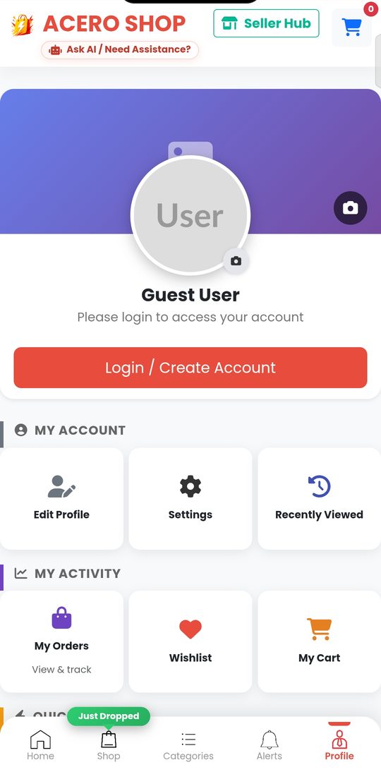 Profile page with account, orders, wishlist, and cart