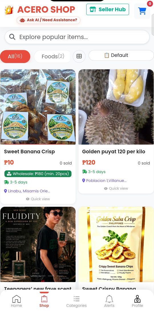 Shop page with product cards, prices, and wholesale options
