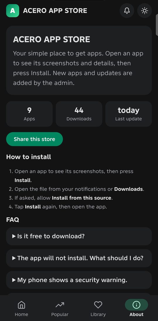 About page with how to install steps and FAQ