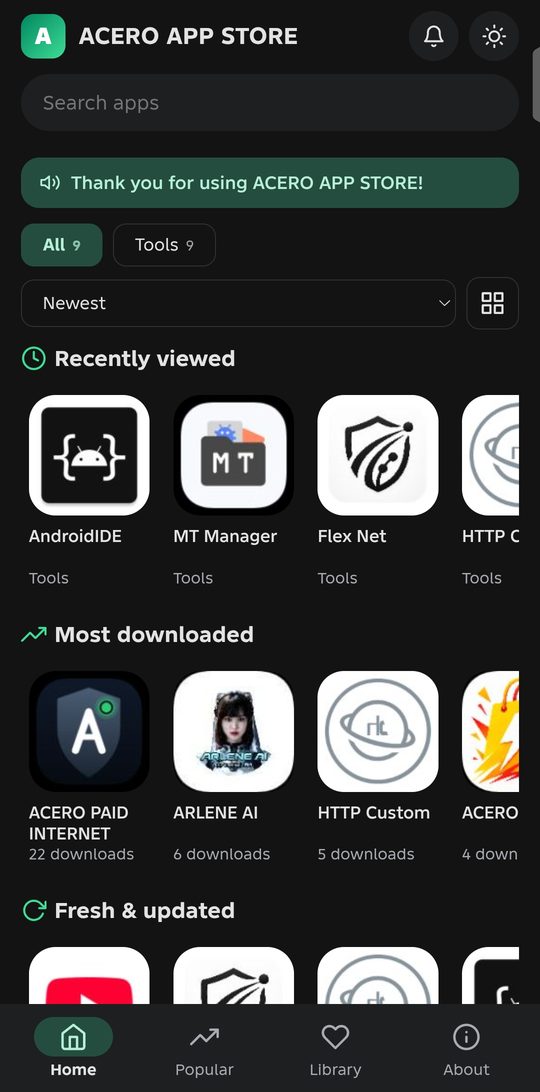 ACERO APP STORE home screen with search, categories, and Most downloaded apps