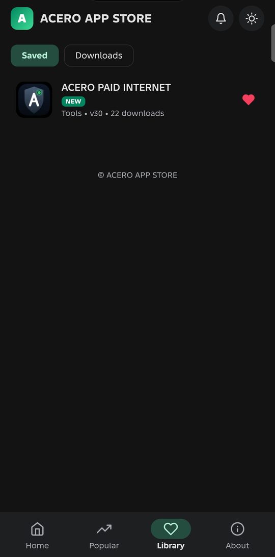 Library screen with saved apps and downloads